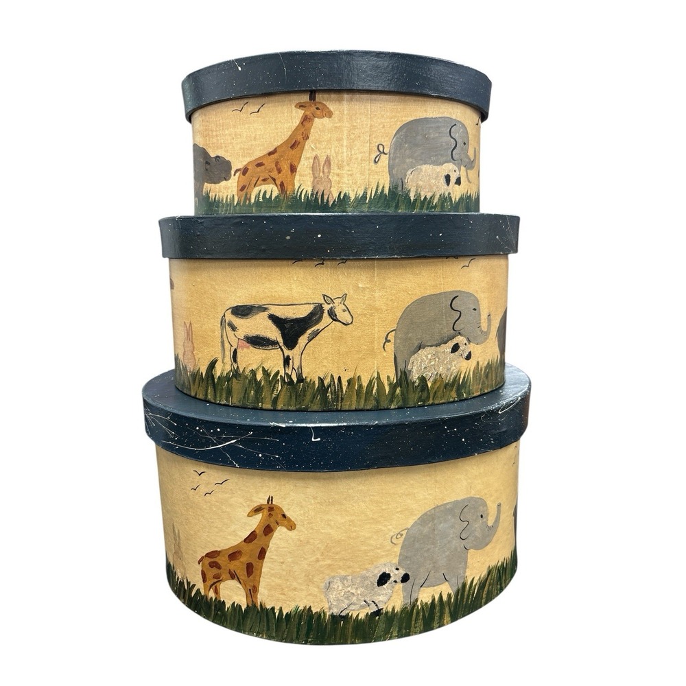 Vintage Hand-painted Nesting Box 3 PC Set With Animals Nursery Farmhouse Decor - Picture 5 of 11